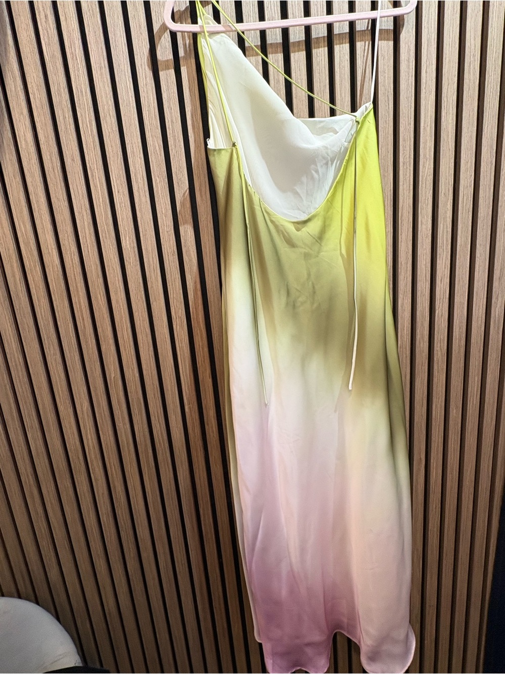Zara One-Shoulder Ombre Slip Dress in Lime Green and Pink - Picture 2 of 2